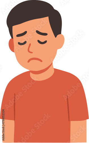 Depressed boy looking down with closed eyes, expressing sadness and sorrow