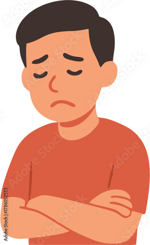 Vector illustration of a dejected and unhappy young man with his arms crossed, expressing feelings of sadness and frustration