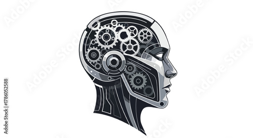 Stylized illustration of a robotic head in profile with visible internal gears and mechanisms representing artificial intelligence and technology