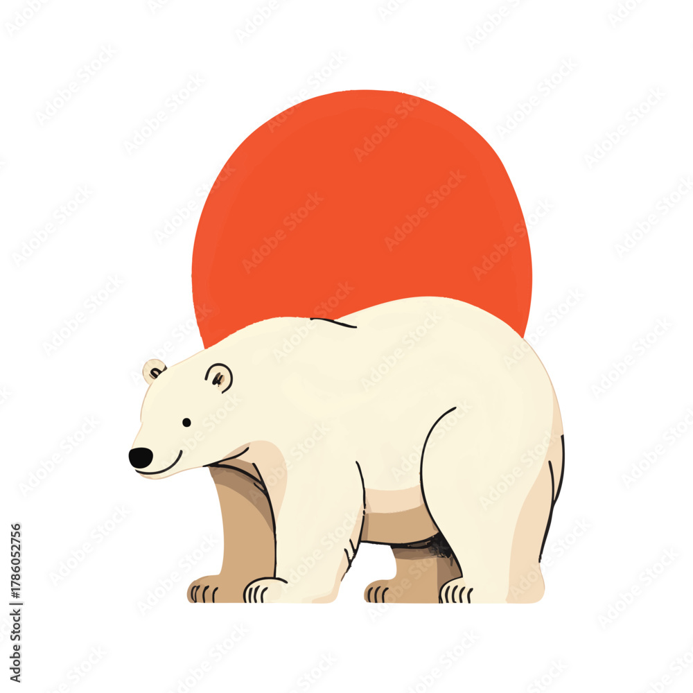 Fototapeta premium Sumi-e style illustration of a polar bear with a vibrant red-orange sun on a soft white background. Traditional Japanese ink wash painting sumi-e. Hieroglyphs - harmony, spirit, perfection, beleive.