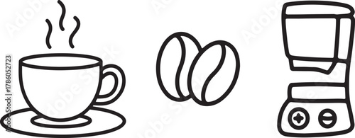 Coffee Cup Beans and Coffee Maker Line Art Icon Set Vector 