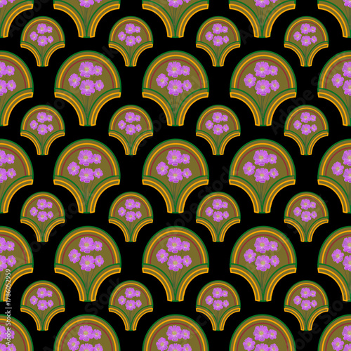 ​1. Description (Under 200 characters)
​A seamless repeating pattern featuring stylized orange and yellow flowers and green leaves within a scalloped, Art Deco-inspired arch motif on a pale tan backgr
