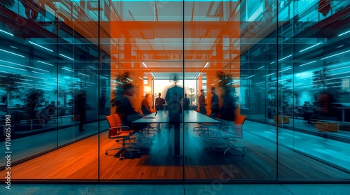 Modern boardroom with a large window and people in a meeting, with focus on the modern office and meeting concept. 