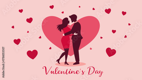 Silhouette of a couple embracing in front of a large heart with smaller hearts scattered around them on pink 100