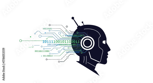 Silhouette of a robot head with binary code and circuit board patterns flowing into it representing artificial intelligence and data processing