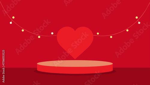 Red valentine stage with heart backdrop and string lights for product display and presentation background