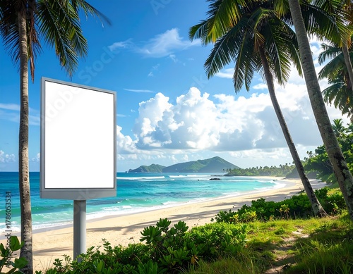Fototapeta Naklejka Na Ścianę i Meble -  Tropical beach scene with billboard. Sandy shore, turquoise water, palm trees, sunny sky. A tall blank sign awaits content near the ocean's edge