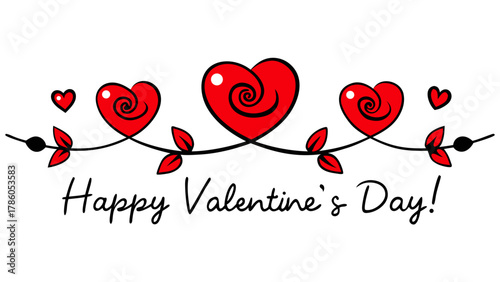 Illustration of three red hearts with swirl design and vine with leaves for valentine's day card design