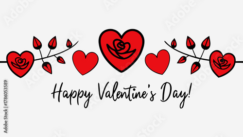 Red hearts and rose vines adorn a happy valentine's day greeting with a whimsical and romantic design style