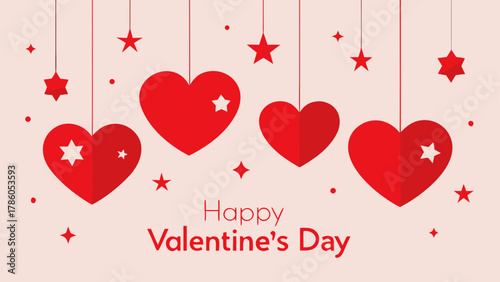 Illustration of hanging red hearts and stars for valentine's day celebration and love expression design
