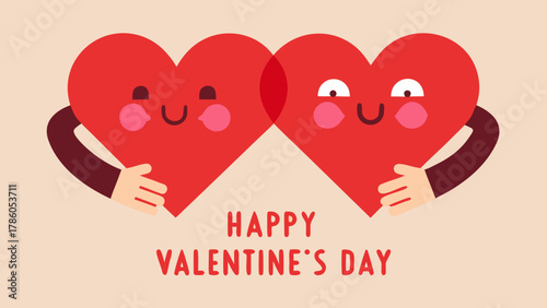Two cartoon hearts hugging each other with happy valentine's day text on a light beige background image