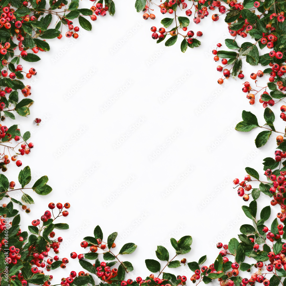 Fototapeta premium Hawthorn berries and green leaves creating a border