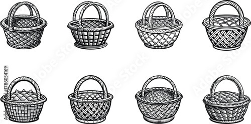 Collection of Eight HandDrawn Woven Baskets with Handles in Black and White