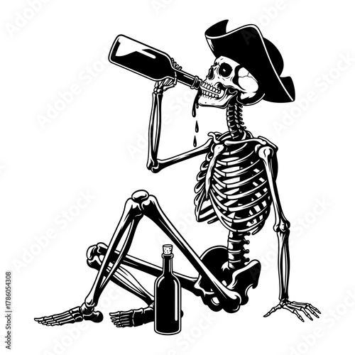 Pirate skeleton drinking rum from a bottle isolated on white background in vector illustration