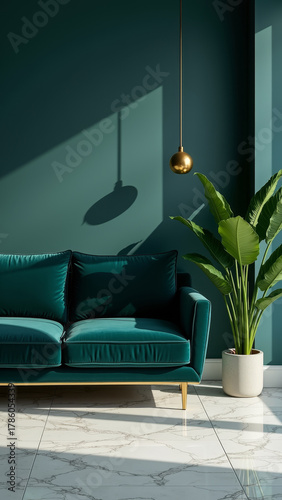 Modern living room with deep teal velvet sofa dark indigo walls brass lighting and marble reflections cinematic interior style