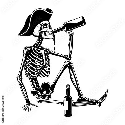 Drunk pirate skeleton drinking rum from a bottle isolated on white background vector illustration
