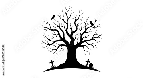 Silhouette of a spooky dead tree with crows and tombstones isolated on white background