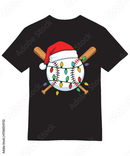 Baseball Christmas Lights Santa Hat T-shirt