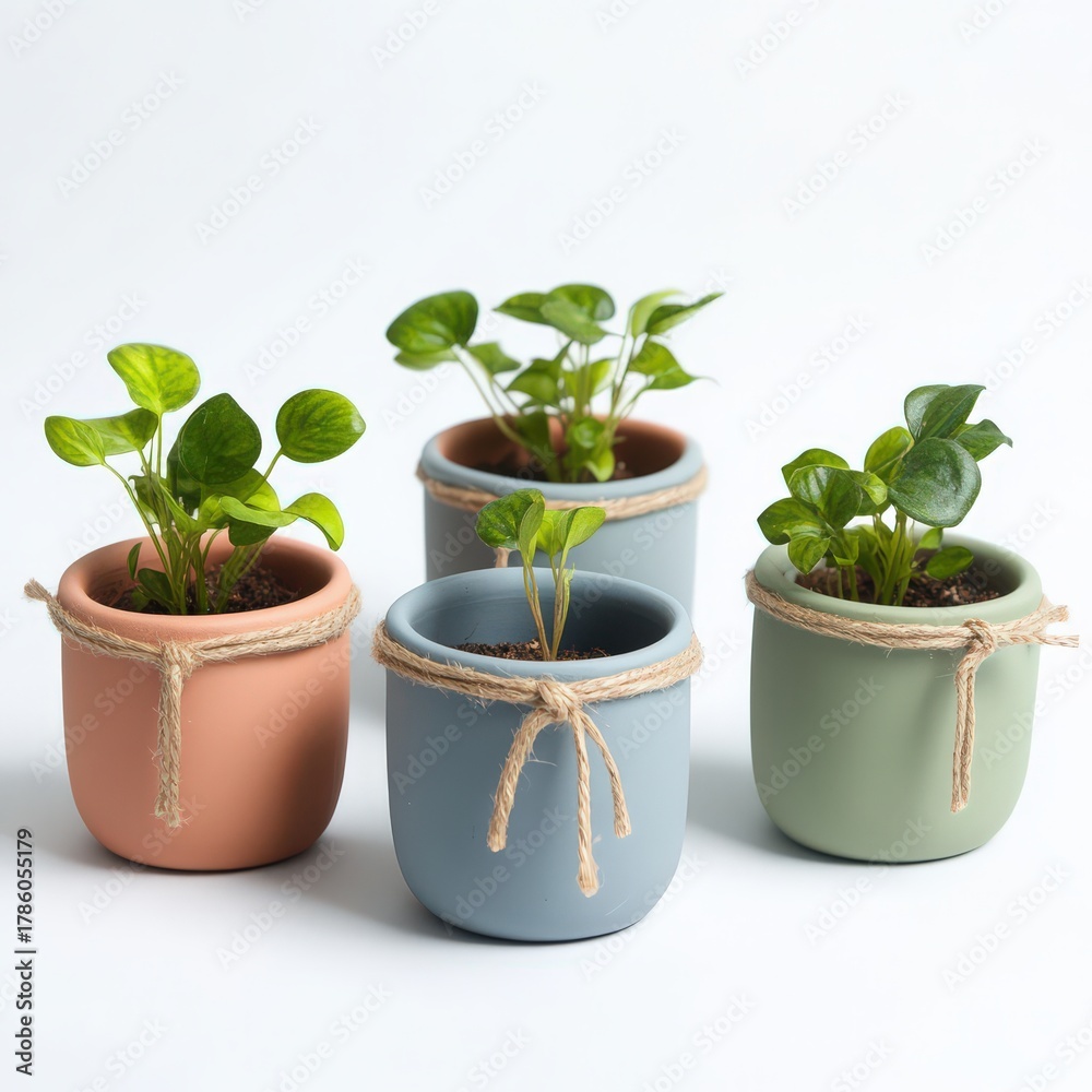 Fototapeta premium Charming mini terracotta pots with string accents for delightful plant displays in various colors