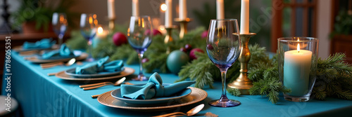 Elegant holiday dinner table with peacock blue silk tablecloth gold cutlery and teal candles warm evening atmosphere