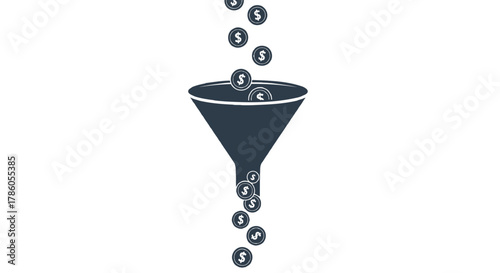 Conceptual illustration of money flowing through a funnel representing financial processes income generation or investment strategies