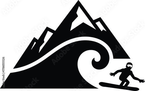 Black silhouette snowboarder against abstract mountain and wave graphic