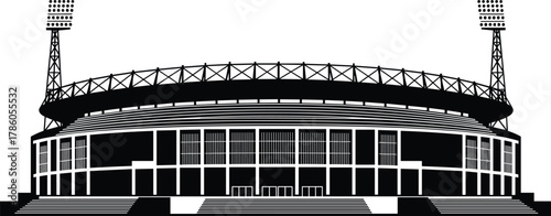Modern football stadium front view vector illustration, sports arena with floodlights, black and white silhouette, architectural building design