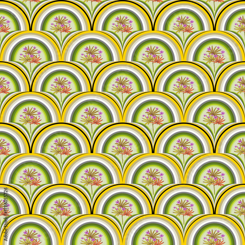 ​1. Description (Under 200 characters)
​A seamless repeating pattern featuring stylized orange and yellow flowers and green leaves within a scalloped, Art Deco-inspired arch motif on a pale tan backgr