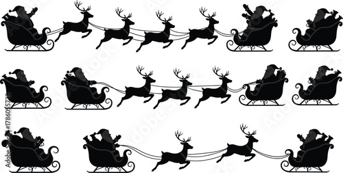 Santa Claus sleigh silhouette vector illustration, reindeer Christmas design, holiday season decoration, festive winter graphic, Christmas Eve celebration art