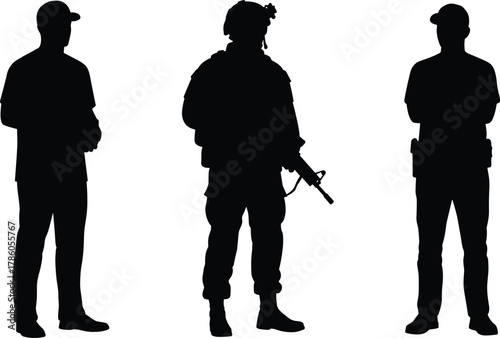 Silhouette of security guard and soldier standing with weapon, military and law enforcement concept, vector illustration on white background