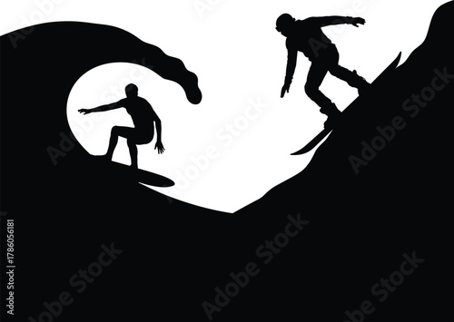 Surfer and Snowboarder Silhouettes Against White Background
