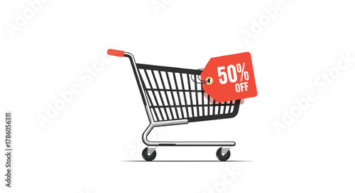 Shopping cart with a red tag indicating fifty percent off sale representing a discount and savings opportunity