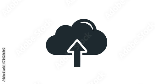 Simple dark gray cloud icon with a white upward arrow inside representing data upload or cloud storage concept