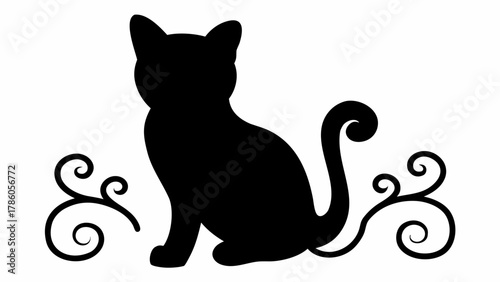 Elegant feline silhouette with swirling flourishes, perfect for custom designs, graceful pet illustrations, and creative animal-themed projects