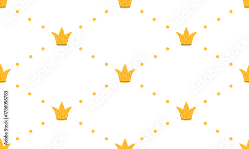 Crown seamless pattern. Golden royal jewels headdress background. Symbol of king, queen, prince and princess. Aristocratic, coronation, monarchy concept. Hand drawn flat vector illustration