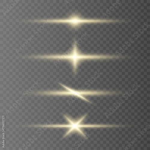 Horizontal golden neon lines streak across a transparent background, creating radiant motion. Sparkles and flares enhance the glowing effect. Ideal for tech or elegant visuals. 