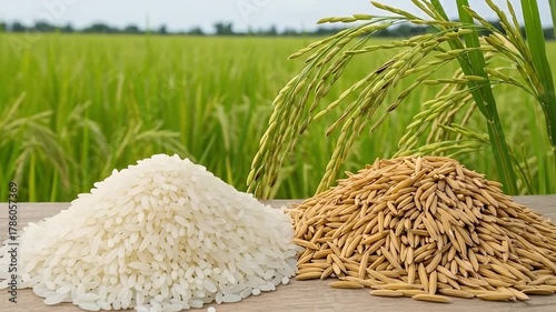 This video showcases the journey of a staple grain, presenting both polished white rice and unhusked paddy grains in distinct piles on a rustic wooden surface. In the soft-focus background, a vibrant 