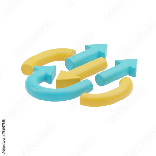 Dynamic 3D arrows illustrating a continuous flow, interconnected process, or cyclical system with vibrant colors against a white background, perfect for business or technology concepts