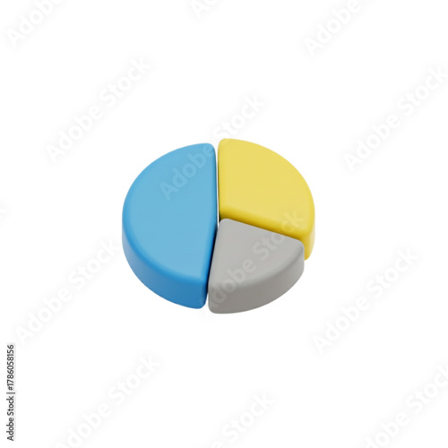 Conceptual illustration of a 3D pie chart with three distinct segments, representing data division and analysis, on a white background