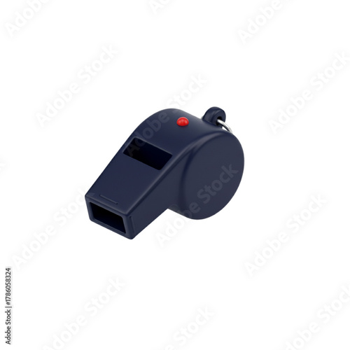 Isolated 3D render of a dark blue sports whistle with a red pea. Vector icon for referee, safety, and training signals on a white background