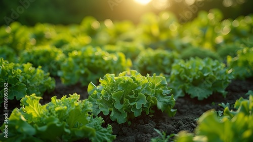 Fresh green lettuce growing in organic farm under morning sunlight, generative ai