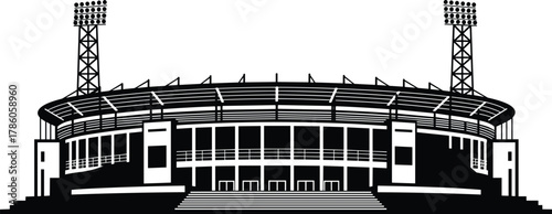 Modern football stadium front view vector illustration, sports arena with floodlights, black and white architectural silhouette, vector building design