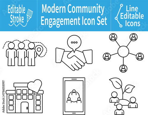 Inclusive Community Engagement Line Editable Icons featuring social connection, collaboration, and local participation concepts for modern civic and digital interaction themes
