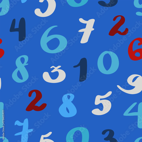 Vertical handwritten numbers pattern on cobalt blue background for energetic back to school design for educational packaging