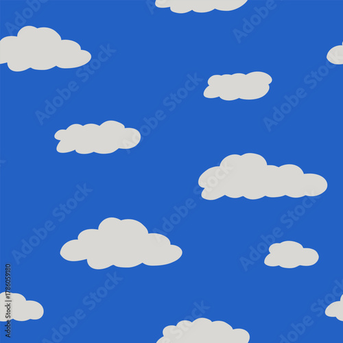 Vibrant pattern with cobalt blue background with white hand-drawn clouds for childrens backpacks and lunchboxes