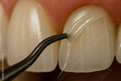 Macro image showing precise dental application of bonding material onto the tooth surface, highlighting the glossy texture, translucence, and delicate flow of resin in professional dental restoration 