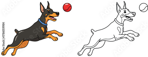 Joyful Doberman Dog Leaping to Catch a Red Ball - Perfect for Playful Pet Themes and Coloring Activities