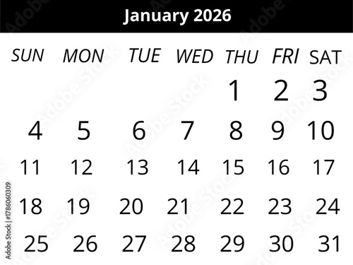 Clean January 2026 Calendar  Black