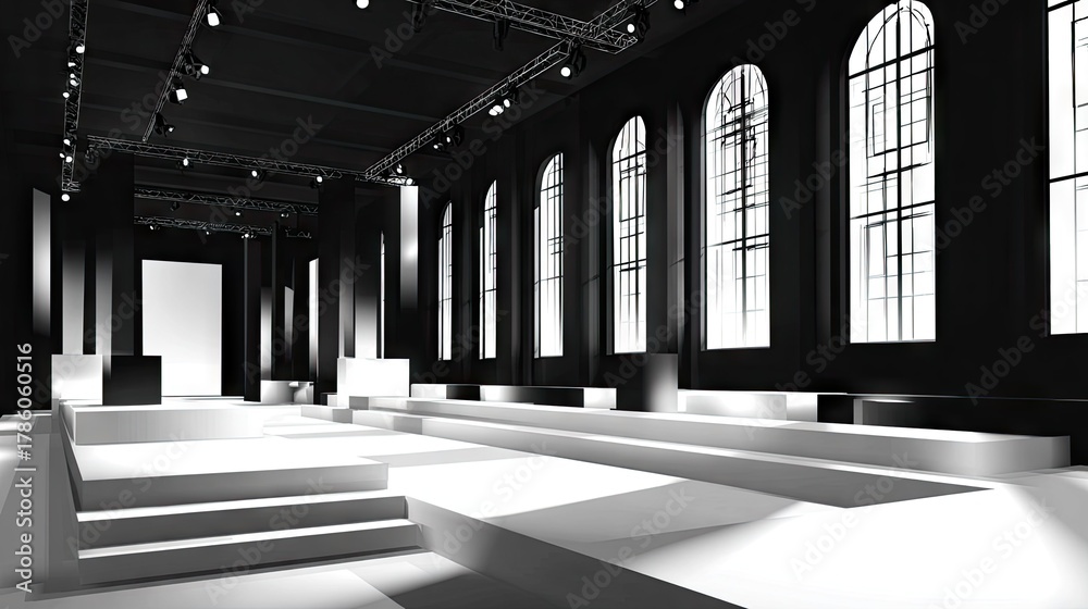 Naklejka premium Empty fashion show runway inside a large hall.