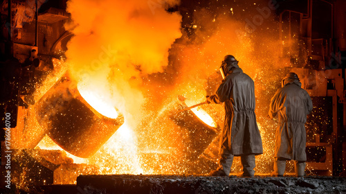 Steel Foundry Workers Pouring Molten Metal in Intense Heat and Sparks.